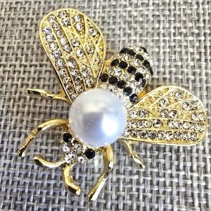 Gold Plated Black Bumble Bee Rhinestone Faux Pearl Brooch Pin Lapel Scarf